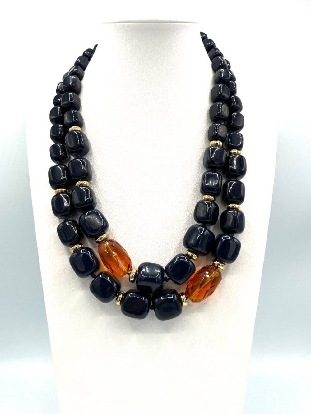 Brooks Brothers Double Strand Necklace Navy Blue Amber Orange Chunky Beaded Gold